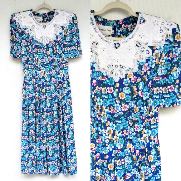 Vintage Dresses & Skirts - VINTAGE Adrian Lee ditsy floral lace collar dress cottagecore